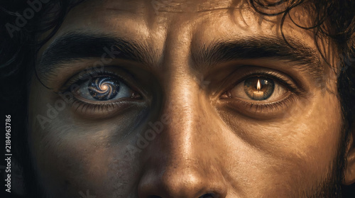 Close Up of Mans Eyes Reflecting Universe and Candle Light Symbolizing Knowledge and Mystery
