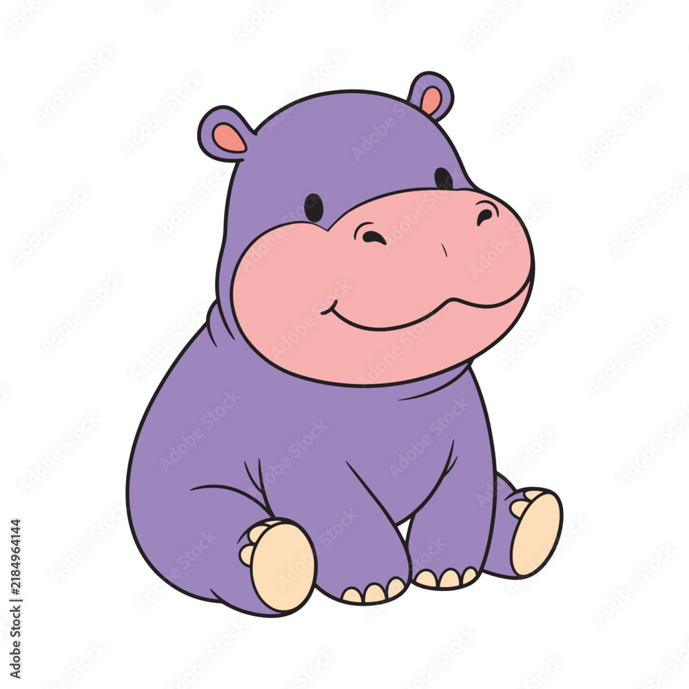 Fototapeta premium Cute Cartoon Hippopotamus Sitting Isolated on White Background
