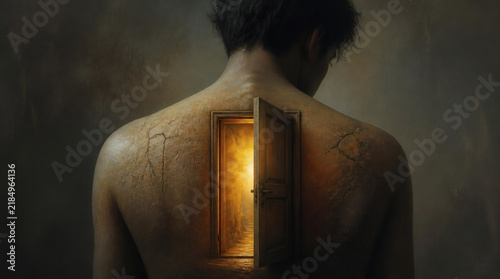 Surrealist Open Door on Cracked Human Back Symbolizing Inner Journey and Discovery