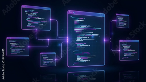 Obraz na płótnie Abstract digital code interface with glowing neon windows and connected lines representing software architecture development for modern computing and programming projects.