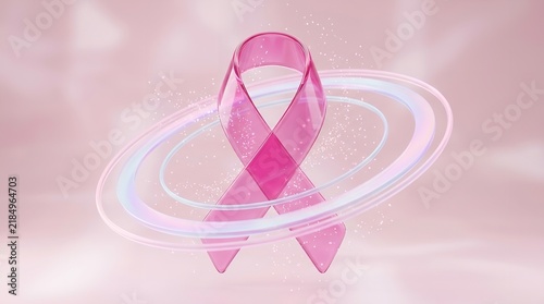 Pink breast cancer awareness ribbon with glowing circular light rings on soft background