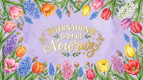 Animated International Day of Nowruz greeting with watercolor spring floral border