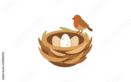 Bird s nest with speckled eggs and robin flat vector illustration