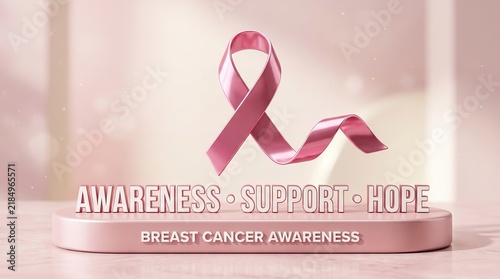 Pink breast cancer awareness ribbon floating above pedestal with inspirational text