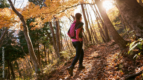 紅葉が広がる山の中を一人で歩く女性