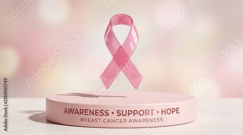 Pink breast cancer awareness ribbon floating above cylindrical platform base