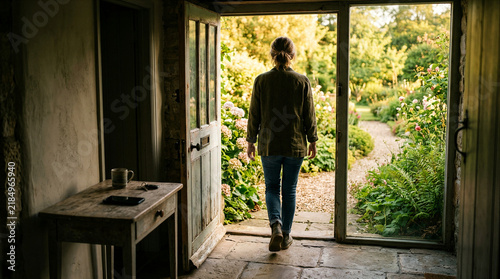 Woman walking from room to garden