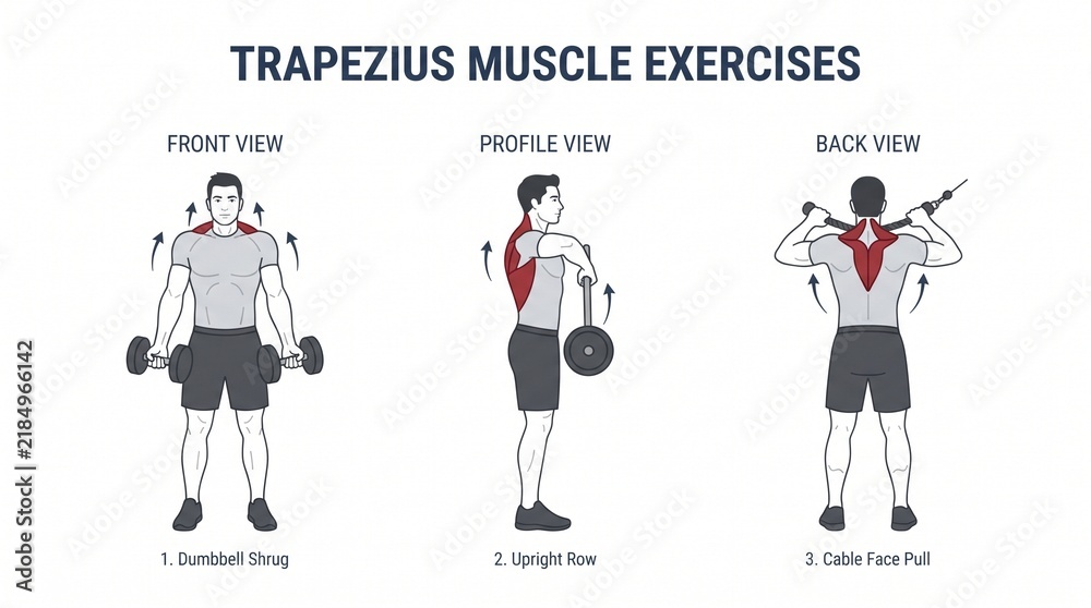 Obraz premium Trapezius Muscle Exercises Infographic Guide With Anatomical Highlight Illustrations