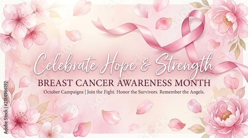 Breast cancer awareness month design with pink ribbon and floral watercolor elements