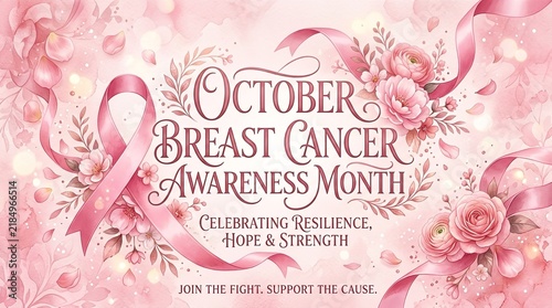 Breast cancer awareness month banner with pink ribbon and floral decoration