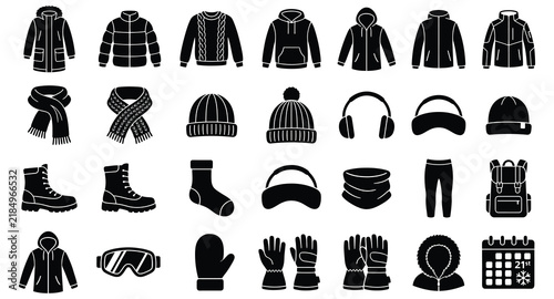 Winter clothing and warm fashion silhouette icon set