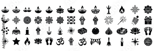 Diwali festival of lights silhouette icon set