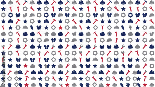Seamless pattern with construction tools, hard hats, hammers, and gears in blue, red, and gray