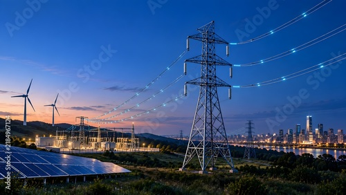 Smart grid high voltage transmission tower with glowing power lines integrating solar panels and wind turbines into a modern city skyline at dusk.