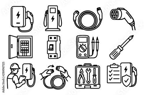 EV Charging Installation and Wallbox Maintenance Line Icons Set