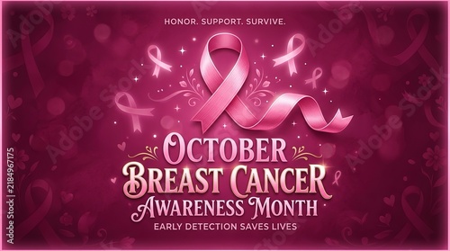 October breast cancer awareness month promotional banner with pink ribbon and text