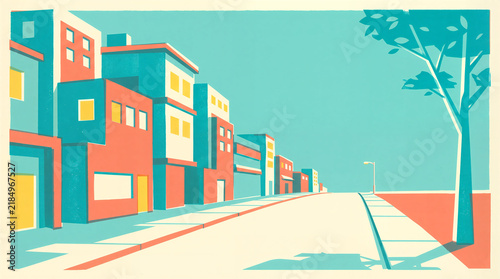 Colorful flat illustration of empty city street with buildings