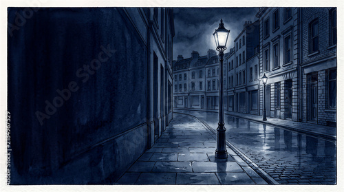 Empty wet street at night with glowing lamp post