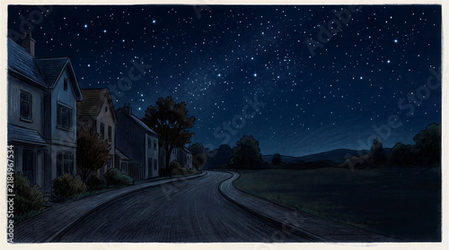 Night street with houses under starry sky