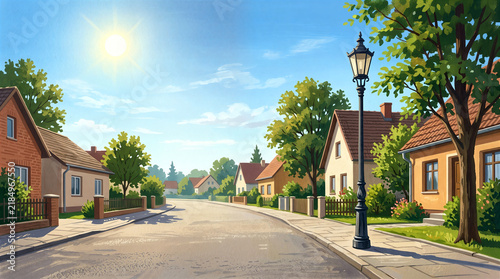 Quiet suburban street with houses and trees
