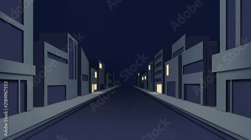 Modern city street at night with lit windows
