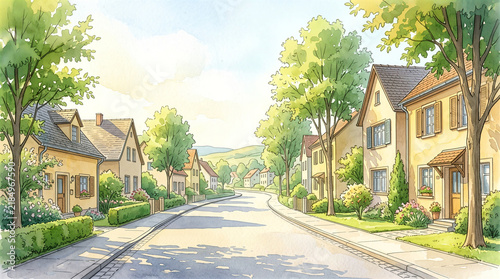 Watercolor illustration of quiet suburban street