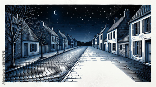 Night street with houses under starry sky