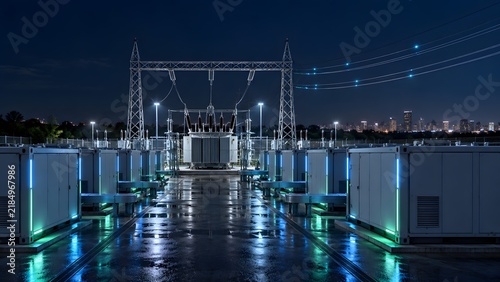 Modern battery energy storage system facility and electrical substation with glowing lights at night