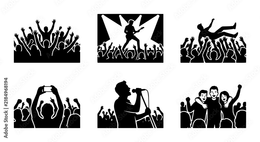 Fototapeta premium Concert Crowd Silhouettes, Music Festival Audience, Live Performance Fans, Event Spectators Vector Set