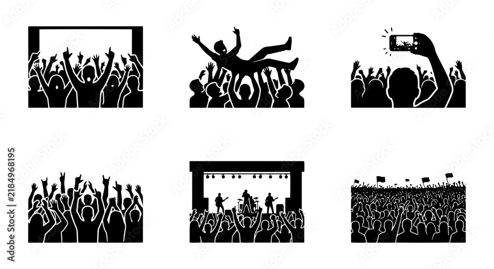 Fototapeta premium Concert Crowd Icons, Music Festival Silhouettes, Audience Celebration Vector Set