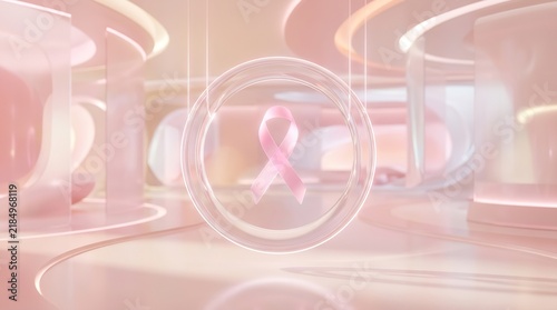 Futuristic abstract scene with a pink breast cancer awareness ribbon inside a glass orb