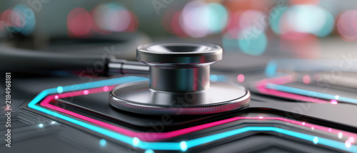 Medical Stethoscope Resting on a Digital Circuit Board Concept