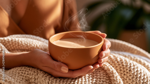 Hand holding a warm pumpkin spice drink in a cozy setting  