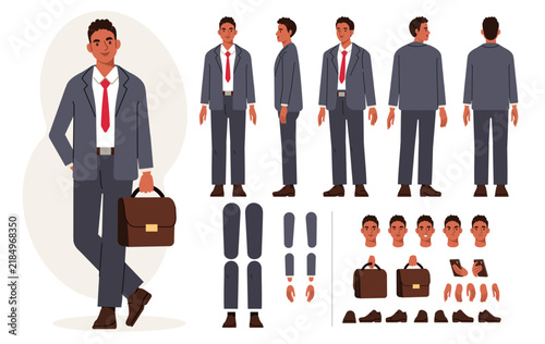 Lawyer attorney man character for animation. Front, side, back view poses and postures set. Vector illustration.
