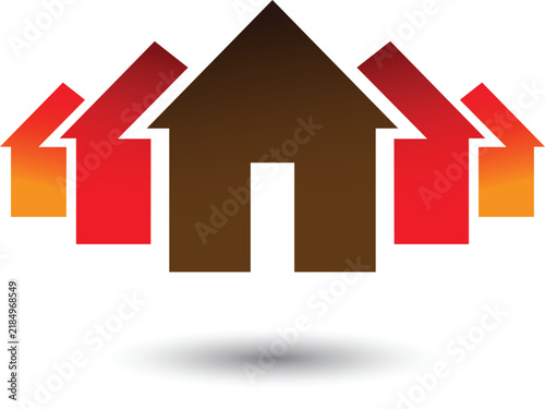 Abstract illustration of a large dark central house surrounded by smaller colorful houses with house icon colorful homes real estate community icon property graphic home group