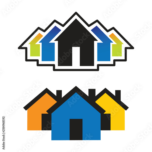 Collection of stylized colorful house icons featuring layered building silhouettes colorful homes real estate property graphic housing icons residential group architecture