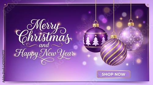 Festive Christmas and Happy New Year greeting card with ornaments and sparkling purple background