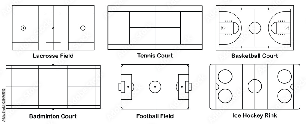 Obraz premium Set of various sports field and court diagrams. Football field, basketball court, lacrosse field, ice hockey rink, badminton court, and tennis court. Vector illustration.