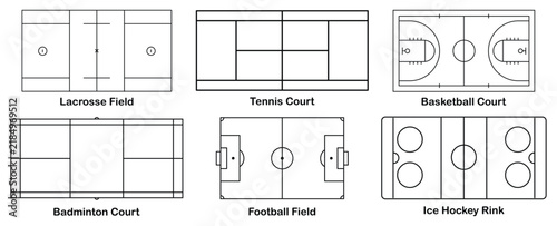 Set of various sports field and court diagrams. Football field, basketball court, lacrosse field, ice hockey rink, badminton court, and tennis court. Vector illustration.