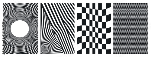 Four optical illusion patterns showcase varying line arrangements and distortions distortion