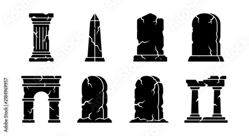 Foto Ancient Ruin Elements, Stone Architecture Icons, Classical Column Set, Broken Ar