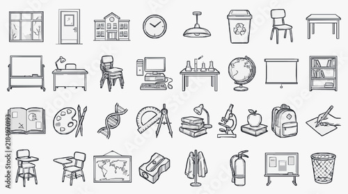 Educational classroom icons set featuring school supplies and furniture essentials