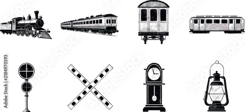 Vintage railway transportation vector set containing eight separate isolated objects: steam locomotive, classic passenger train, railway carriage, vintage subway train, railway signal, railroad crossi