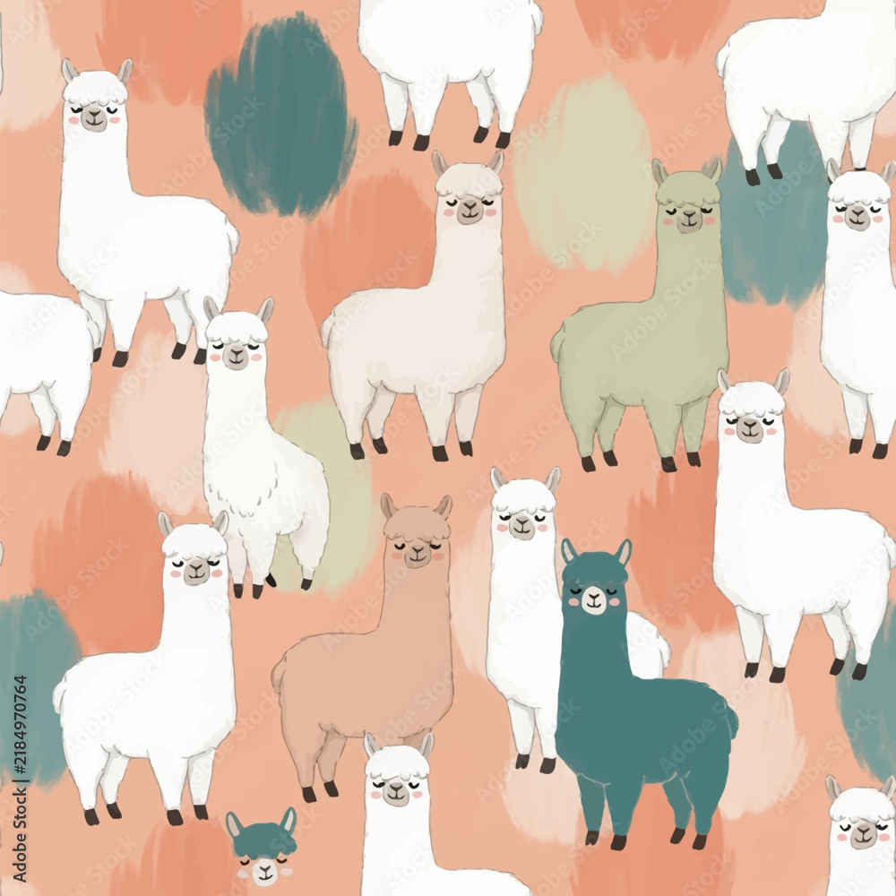 Fototapeta premium Seamless hand-drawn pattern featuring illustrated llamas and alpacas in white, teal, and beige colors on a peach background with abstract brushstrokes for nursery and textile design.