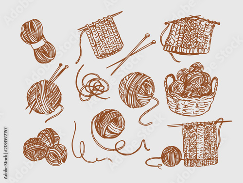Knitting, a set of monochrome vector sketch illustrations - balls of wool, knitting needles