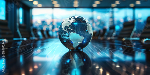 Plakat A glowing globe representing planet earth sits proudly on a glossy wooden conference table inside a modern corporate boardroom with blurred city lights outside the large windows during evening time bl