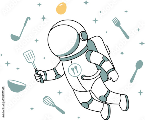 Whimsical astronaut chef illustration with kitchen utensils floating in space creative cooking and cosmic design