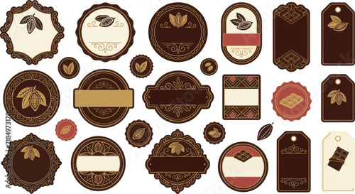 Cocoa bean and chocolate labels with elegant vintage designs for sweet food packaging and confectionary branding