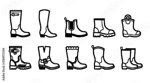 Black and White Rubber Rain Boots Icons Set, Editable Vector Collection