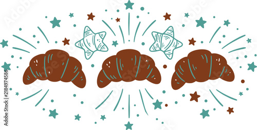 Decorative croissant illustration with festive stars and whimsical celestial pattern for creative food design concepts